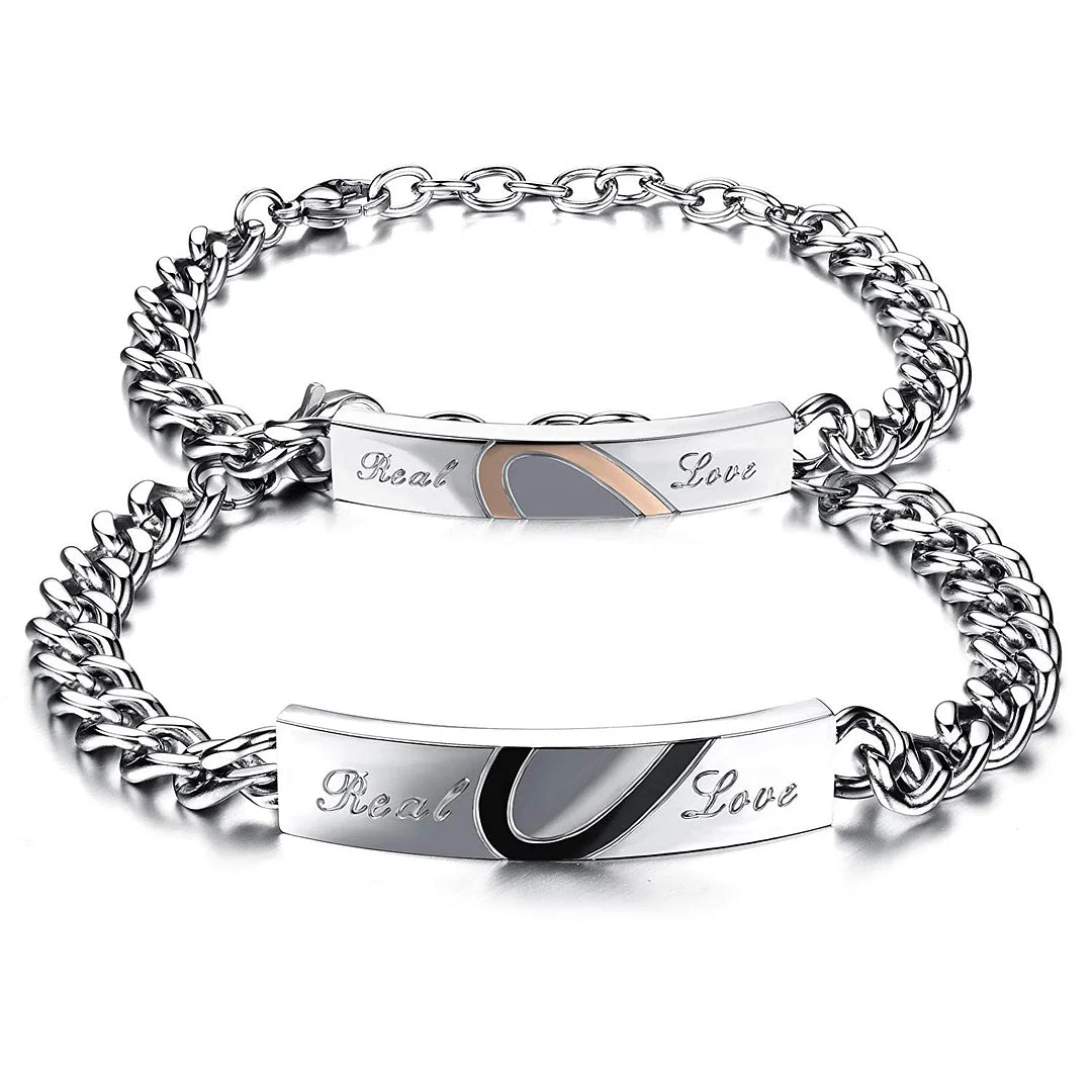 Personalized Heart Matching Bracelet Engraved 2 Texts Couple Bracelet Set