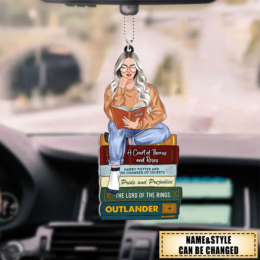 Girl Reading Book - Custom Book Titles, Personalized Acrylic Ornament