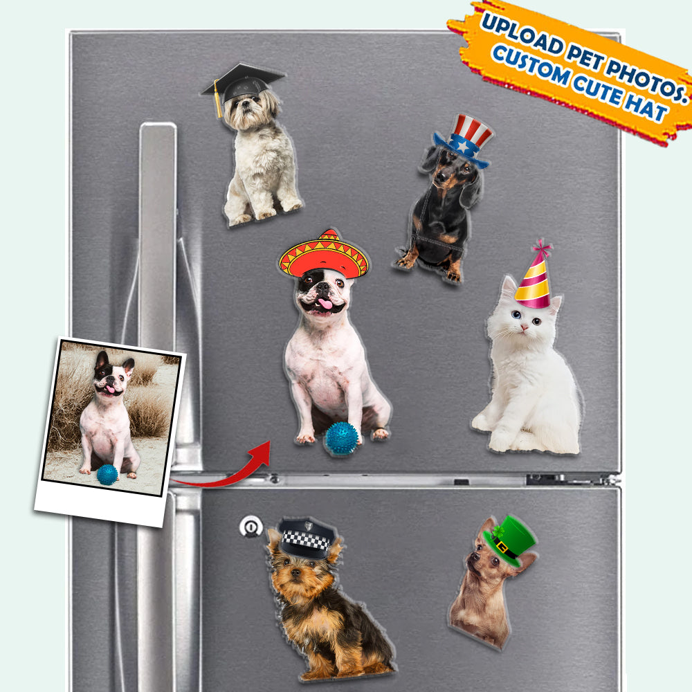 Custom Photo Cute Pet Hat Magnets, Fridge Magnet, Gift For Dog Cat Lovers