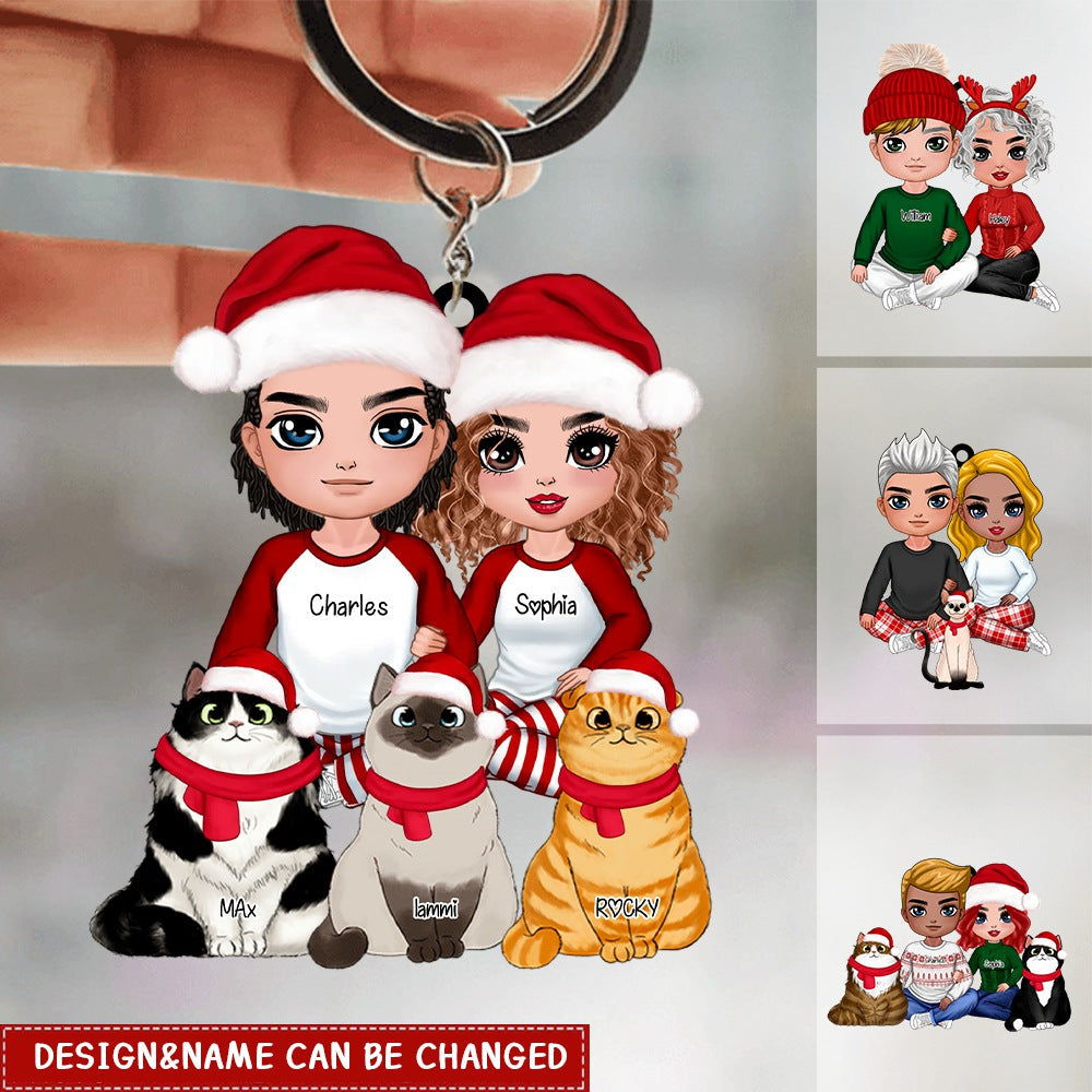 Christmas Doll Couple Sitting With Sitting Cats Personalized Acrylic Keychain