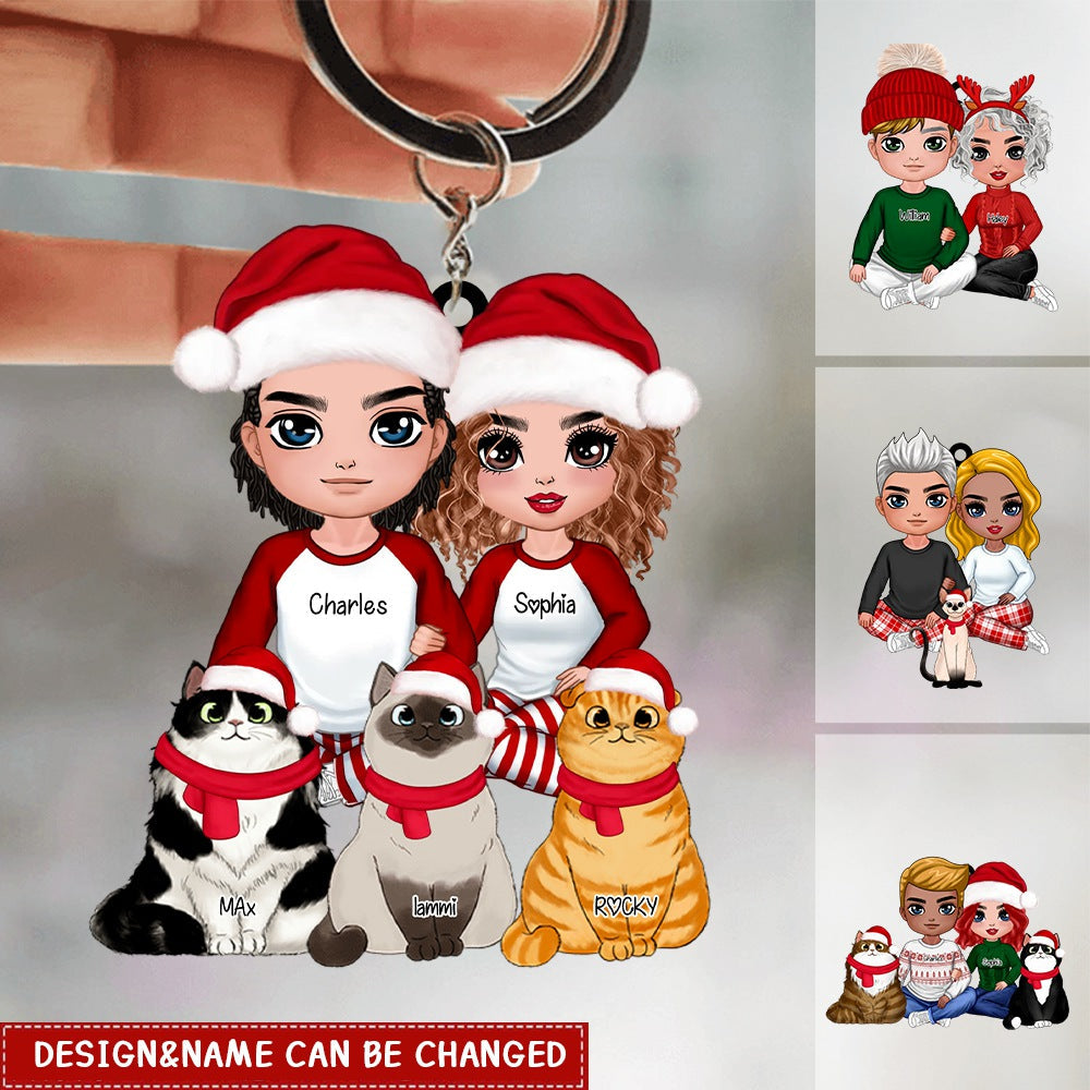 Christmas Doll Couple Sitting With Sitting Cats Personalized Acrylic Keychain