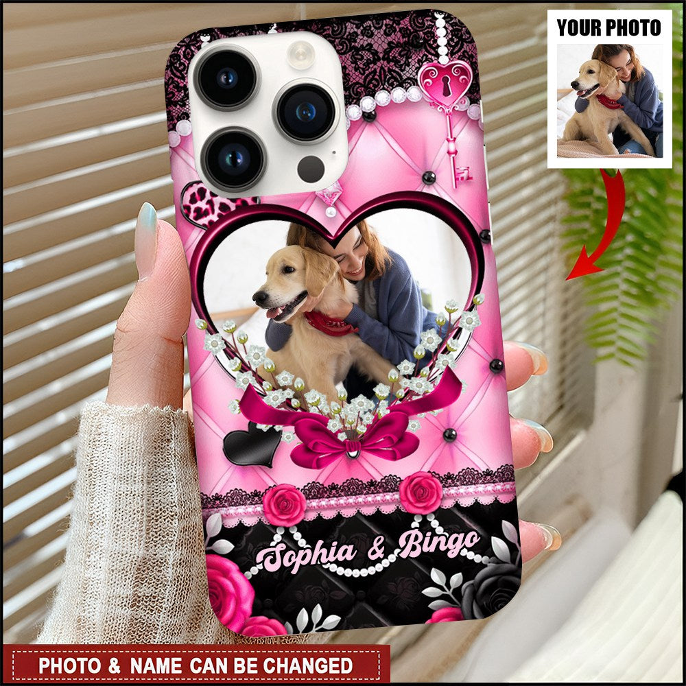 Black Pink Heart  Photo And Name - Personalized Phone Case, Gift For Pet Lover, Gift For Family