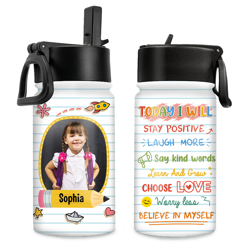 Personalized Back To School Affirmation Kids Water Bottle With Straw Lid