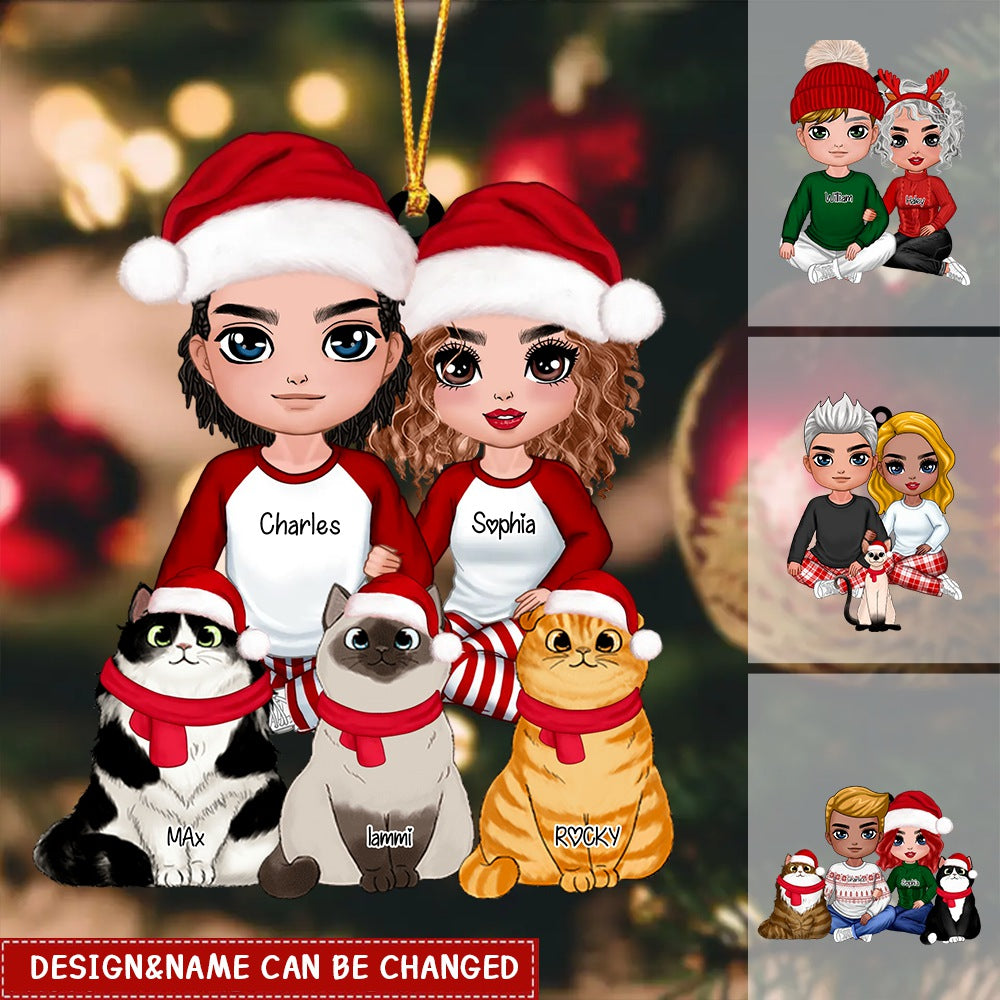 Christmas Doll Couple Sitting With Cat Christmas Personalized Acrylic Ornament