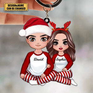 Christmas Doll Couple Sitting Hugging Personalized Acrylic Keychain