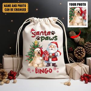 Santa Paws - Custom Photo And Name, Personalized String Bag, Gift For Pet Lover, Christmas Gift