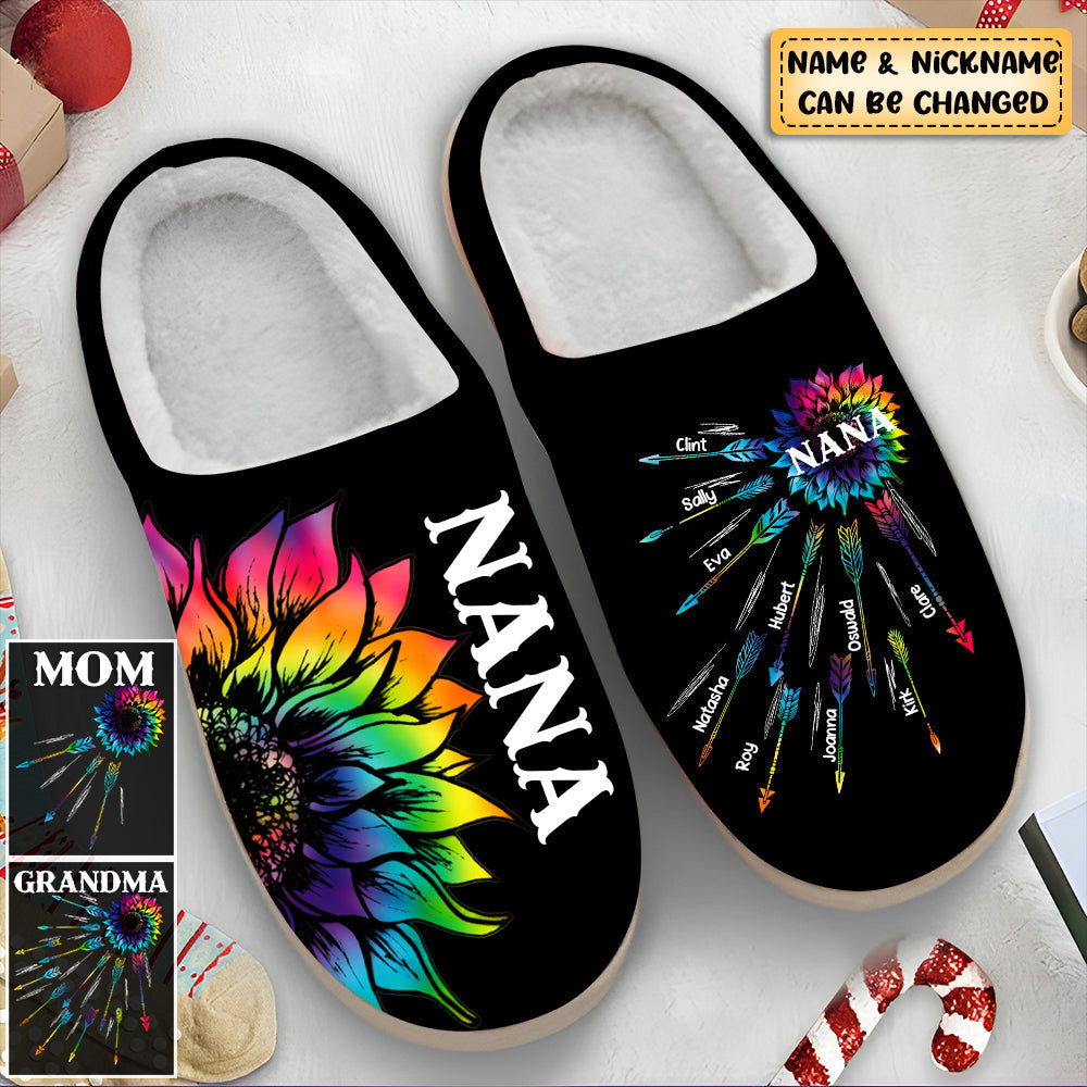 Personalized Grandma with Kid Name Tie Dye Sunflower Plush Slippers