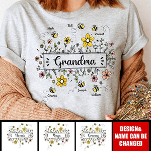 Personalized Grandma Flower Bee And Grandkids Custom Names Pure cotton T-shirt