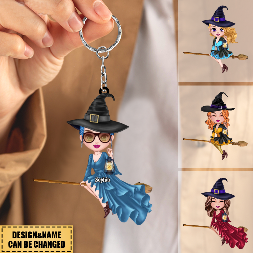 Witch Riding Broom Car Keychain  Best Personalized Halloween Gift