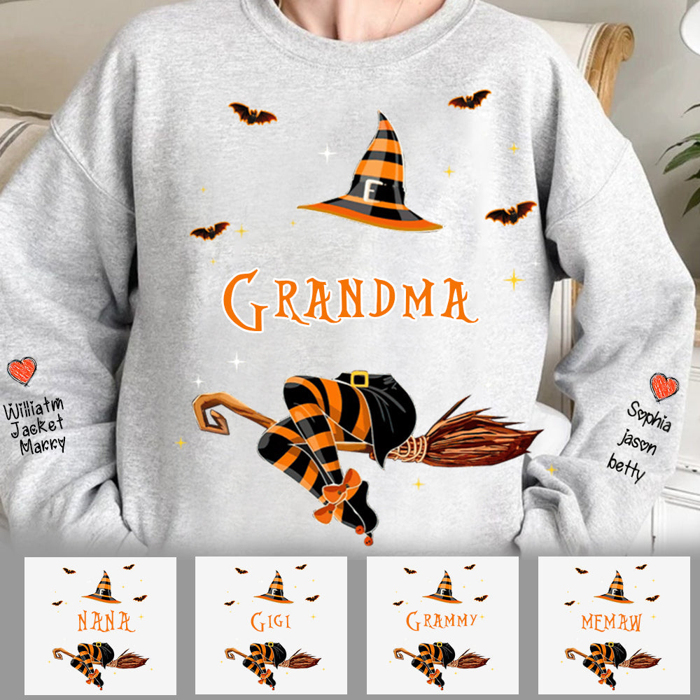 Personalized Nana Life Witch Halloween Sweatshirt, Custom Grandma With Grandkids Name On The Sleeve Halloween Sweatshirt