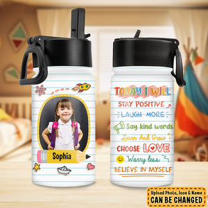 Personalized Back To School Affirmation Kids Water Bottle With Straw Lid
