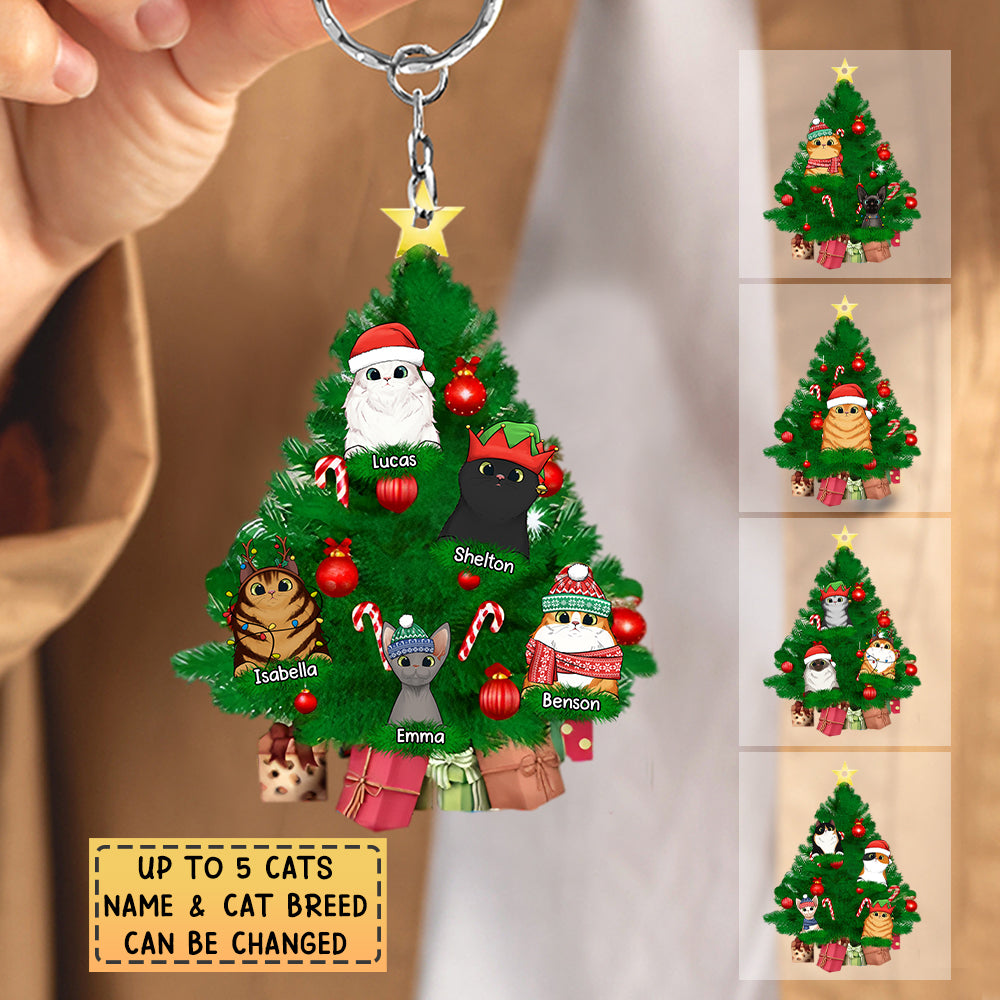 Personalized Christmas Tree Cat Acrylic Keychain-Gift For Cat Lover