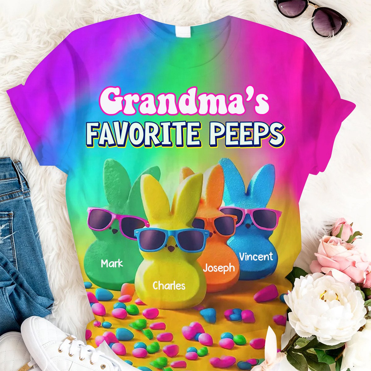 Personalized Grandma's Favorite Bunny Rainbow Color T-Shirt