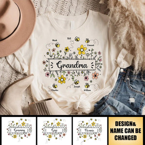 Personalized Grandma Flower Bee And Grandkids Custom Names Pure cotton T-shirt