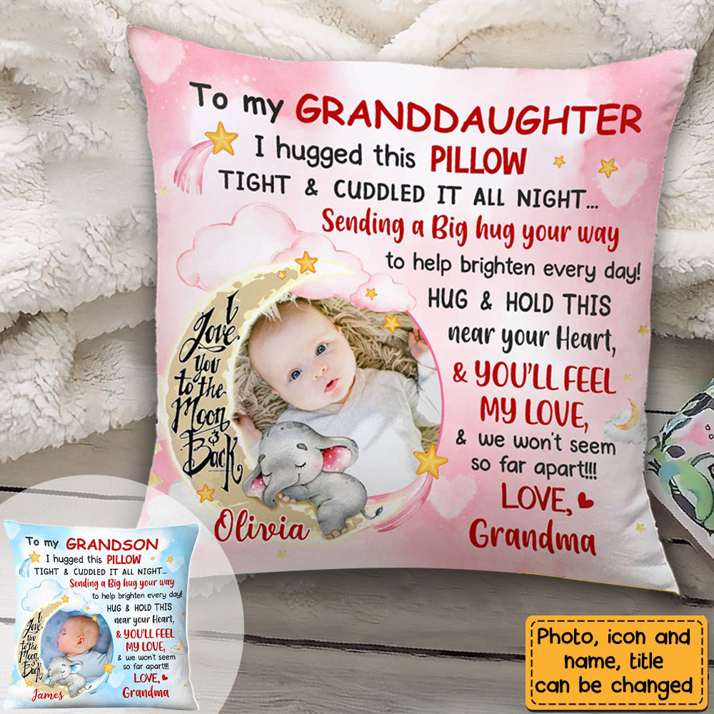 Granddaughter/Grandson Love To The Moon And Back Hug This Custom Photo Personalized Pillow