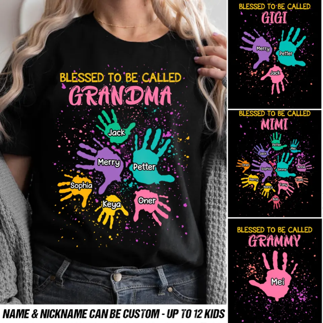 Personalized Blessed to Be Called Grandma Kid Name Hand T-shirt