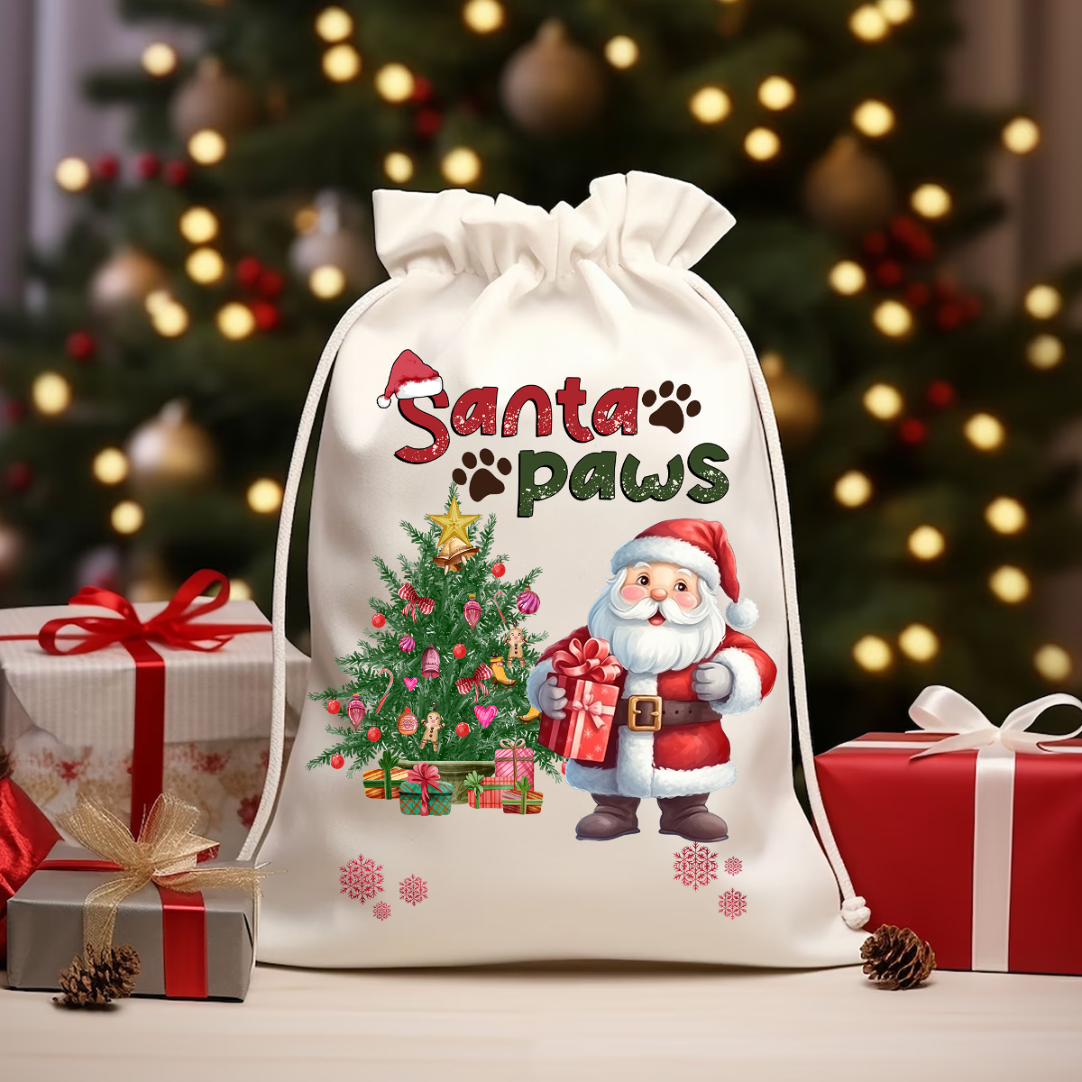 Santa Paws - Custom Photo And Name, Personalized String Bag, Gift For Pet Lover, Christmas Gift