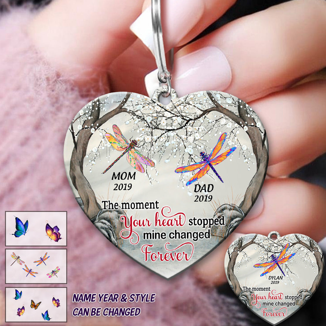 Personalized The Moment Your Heart Stopped Mine Changed Forever Dragonfly Memorial Gift Keychain