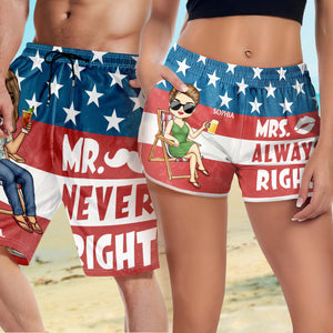 Stars And Stripes Mr Never Right Mrs Always Right - Gift For Couples, Spouse, Lover, Husband, Wife, Boyfriend, Girlfriend - Personalized Custom Couple Beach Shorts