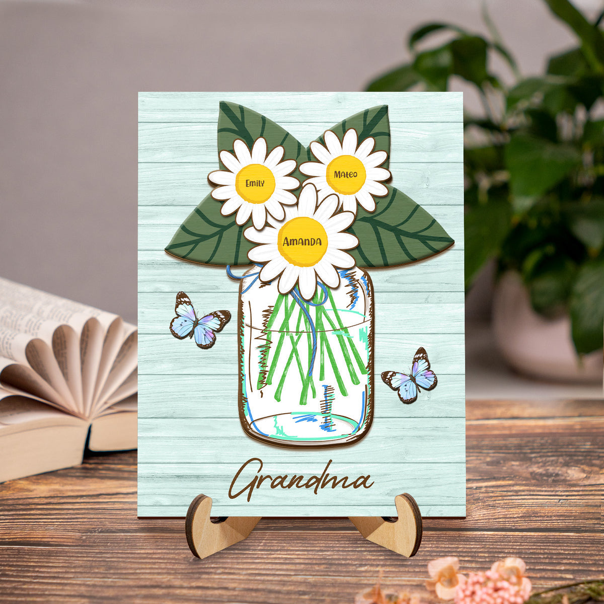 Personalized Grandma/Mom Daisies In Jar 2 Layers Wooden Plaque With Stand