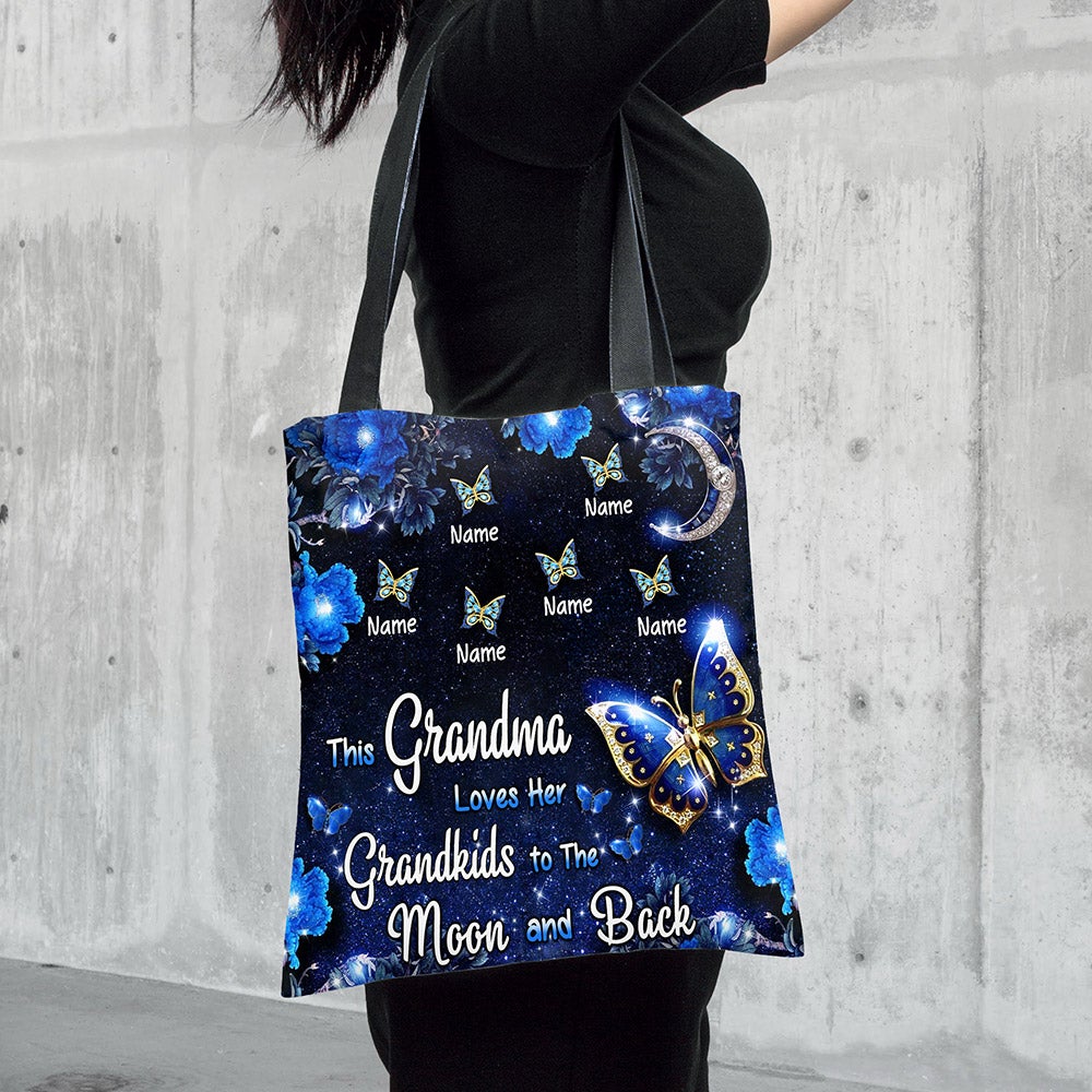 This Grandma Loves Her Grandkids To The Moon And Back With Grandkids Name Butterfly Tote Bag