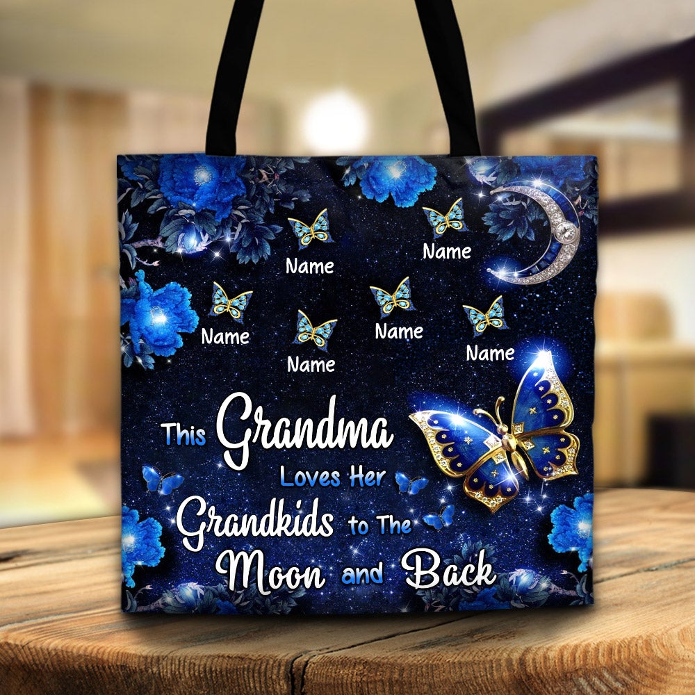 This Grandma Loves Her Grandkids To The Moon And Back With Grandkids Name Butterfly Tote Bag