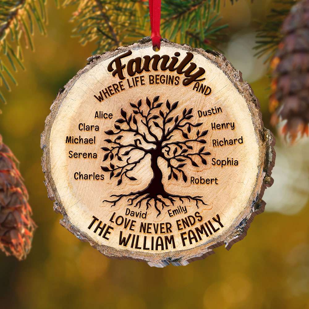 Where Life Begins And Love Never Ends, Personalized Family Tree Wood Ornament