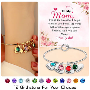 Personalized Name & Birthstone Family Bangle Heart Bracelet - For Mom/Grandma