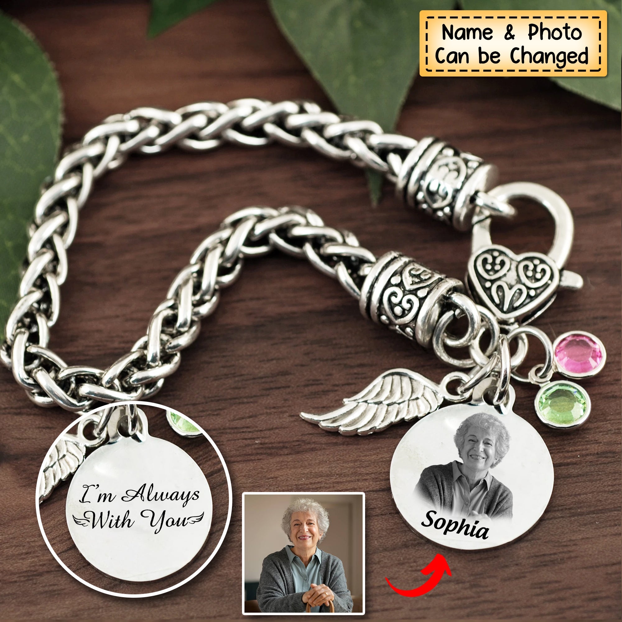 Personalized I'm Always With You Wings Memorial Antique Silver Bracelet