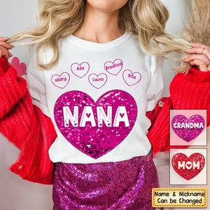 Red Faux Sequin Nana Heart Personalized 100% Pure Cotton T-Shirt