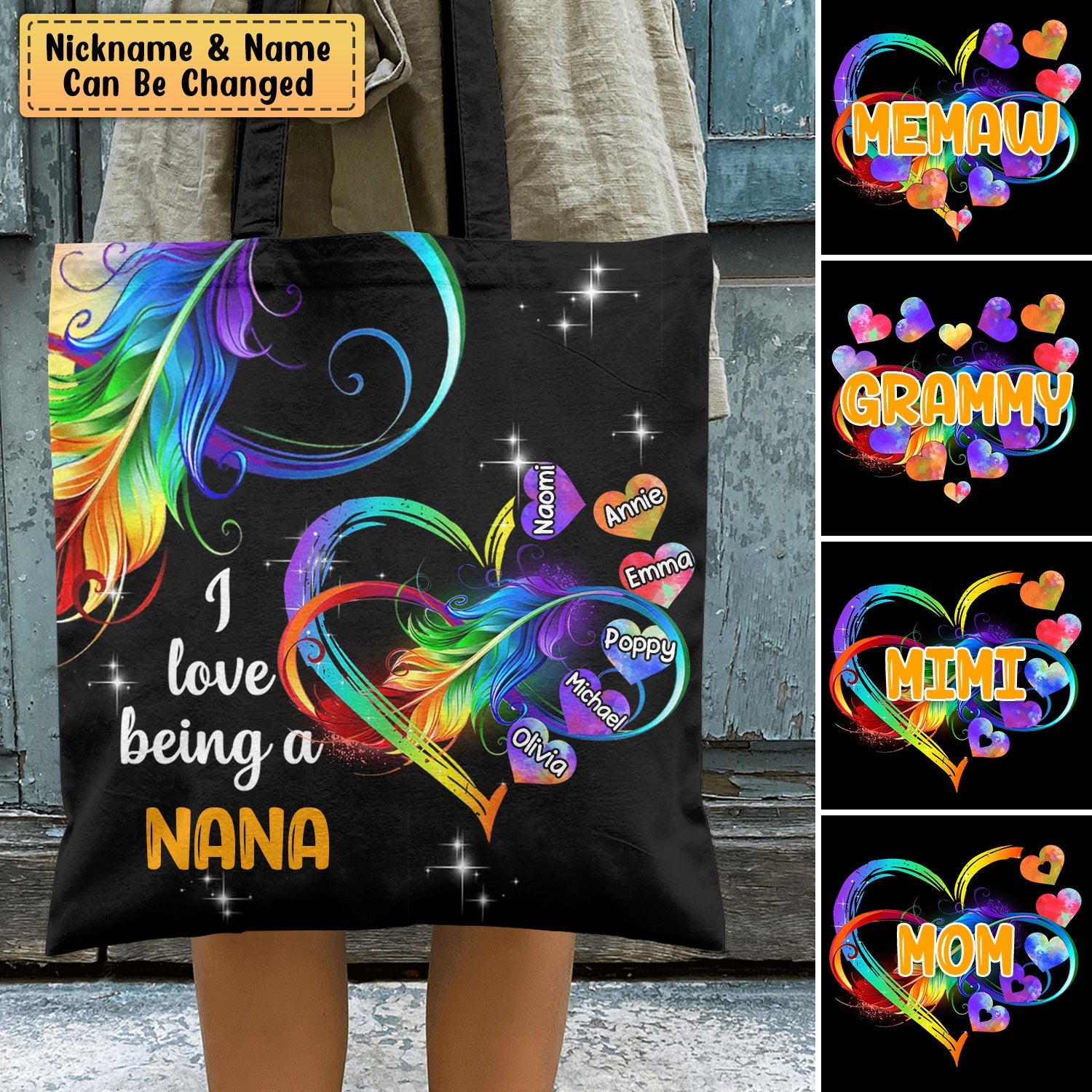 Personalized Grandma Grandkids Infinity Love Rainbow Cloth Tote Bag