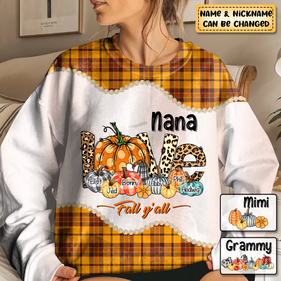 Personalized Fall Season Grandma Pumpkin Love Fall Y'all Sweatshirt