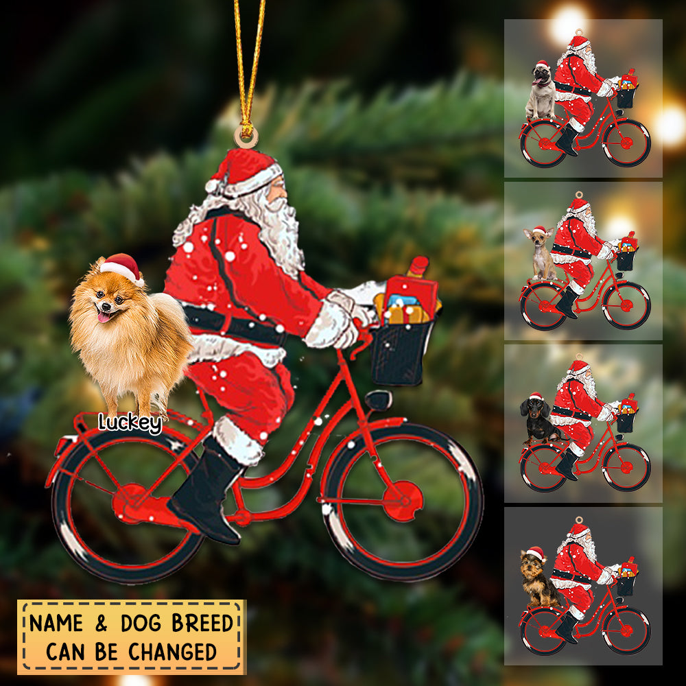 Santa Claus rides a bicycle and a dog Personalized Acrylic Christmas Ornament