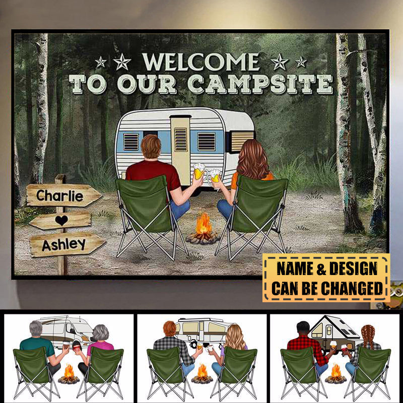 Green Forest Camping Couple Back View Personalized Horizontal Poster