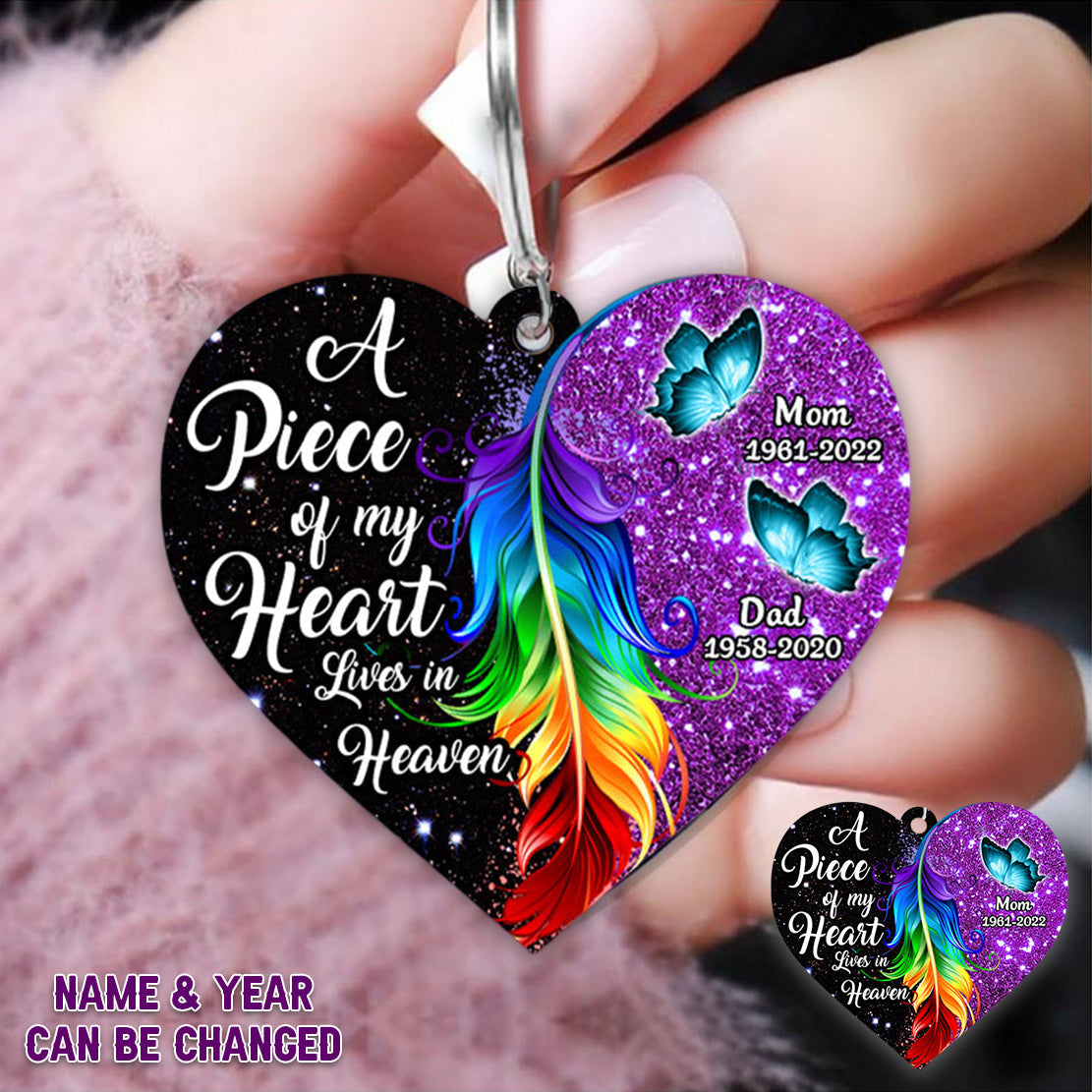 A Piece Of My Heart Lives In Heaven Butterfly Feather Personalized Memorial Heart Keychain