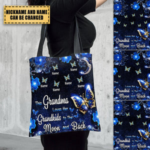 This Grandma Loves Her Grandkids To The Moon And Back With Grandkids Name Butterfly Tote Bag