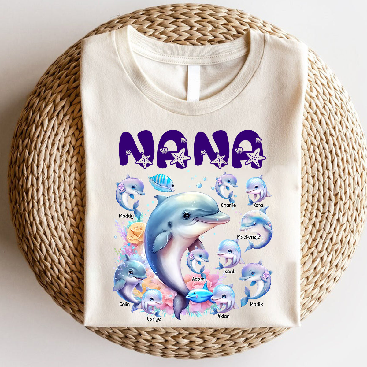 Personalized Grandma Dolphin with Kid Names Pure Cotton T-Shirt