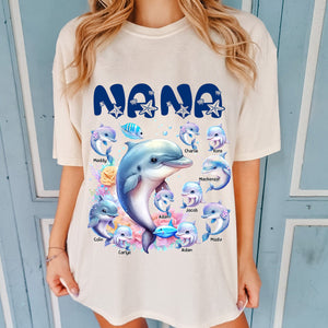 Personalized Grandma Dolphin with Kid Names Pure Cotton T-Shirt
