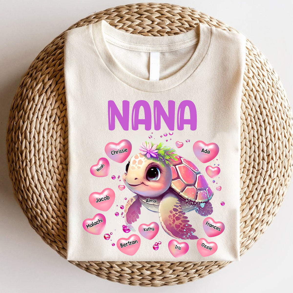 Personalized Turtle Grandma Pure Cotton T-shirt Hearts & Kid Names