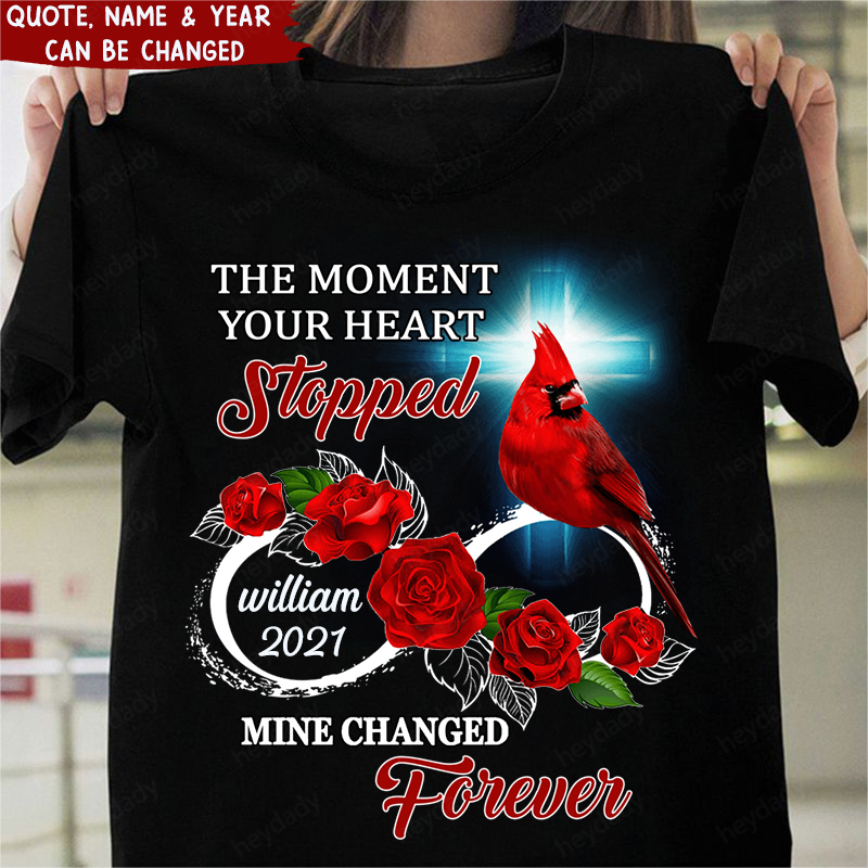 Personalized  Name & Date Family Loss Cardinal Rose Infinite Love Memorial Gift T-Shirt