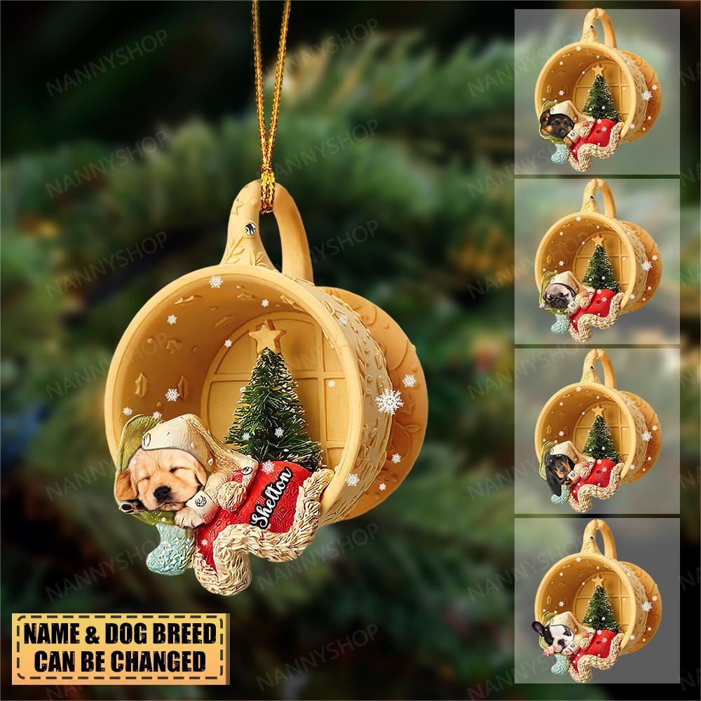 Personalized Dog Sleeping In A Tiny Cup Christmas Holiday-Two Sided Ornament
