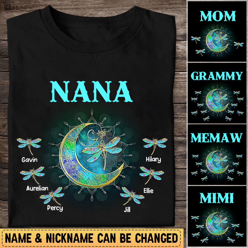 Personalized Grandma/Mom Kids Dragonfly Moon T-shirt